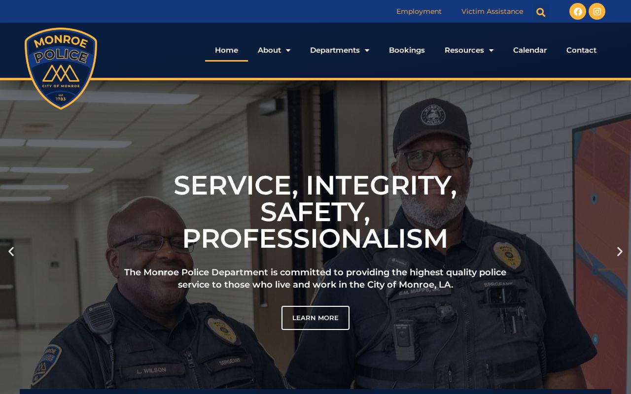 Official Monroe Police website navigation used for arrest source research