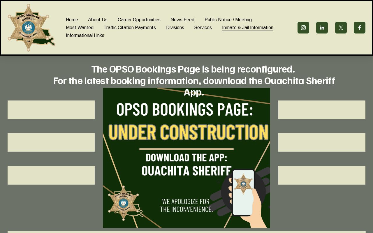 OPSO notice that the booking page is being reconfigured and the sheriff app has current information