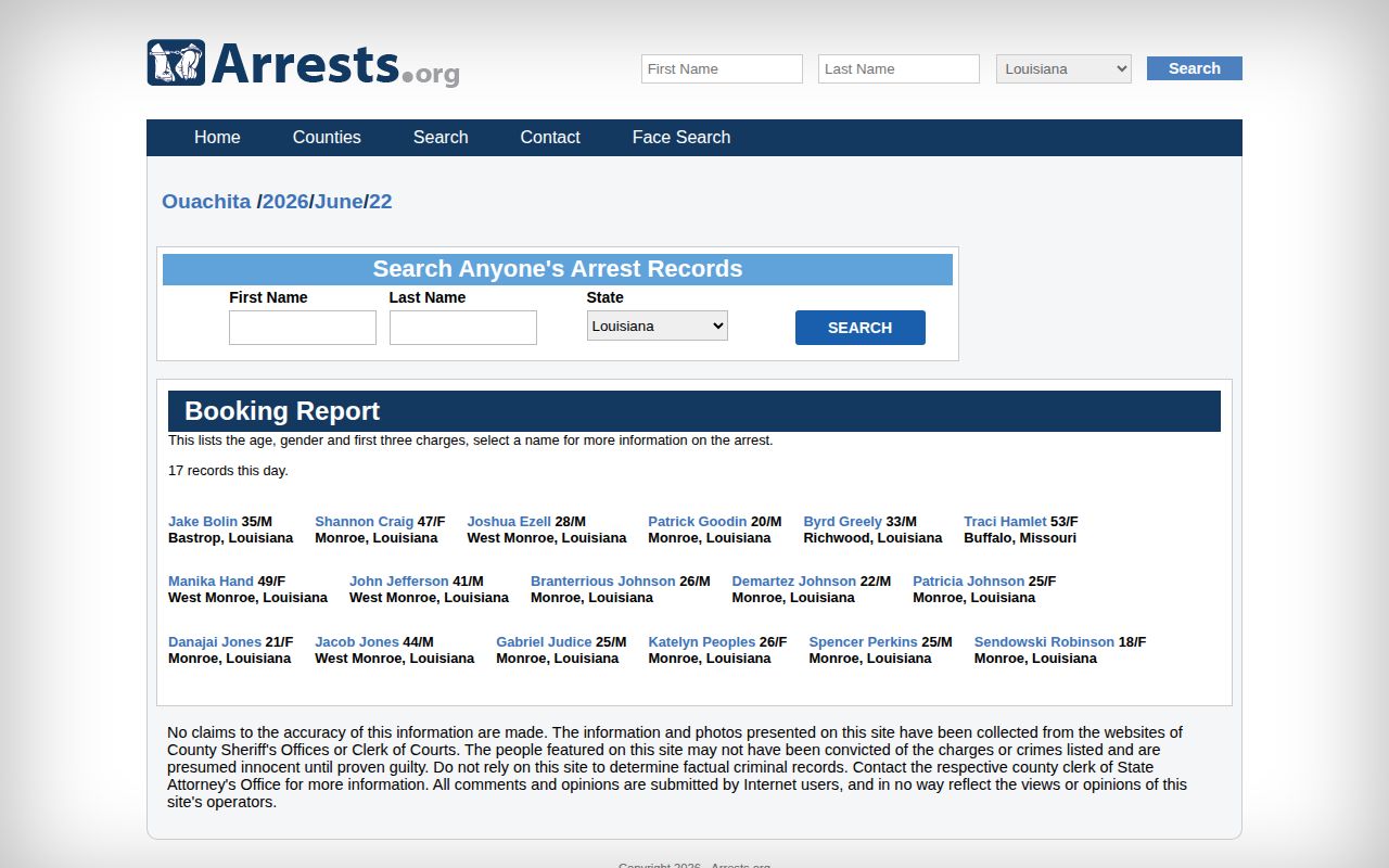 Secondary Ouachita Parish dated arrest archive showing date navigation