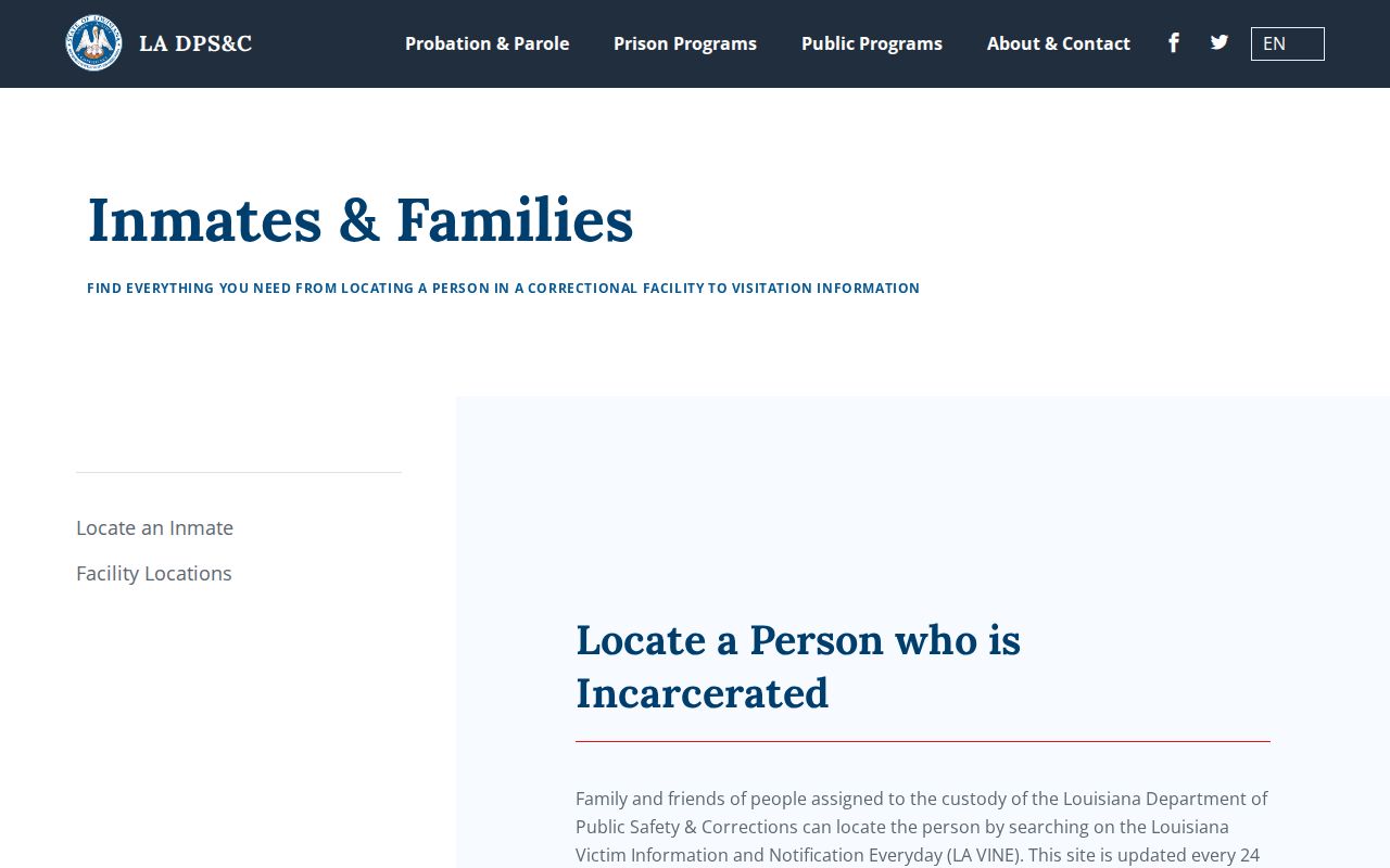 Louisiana DOC inmate information page for state custody searches